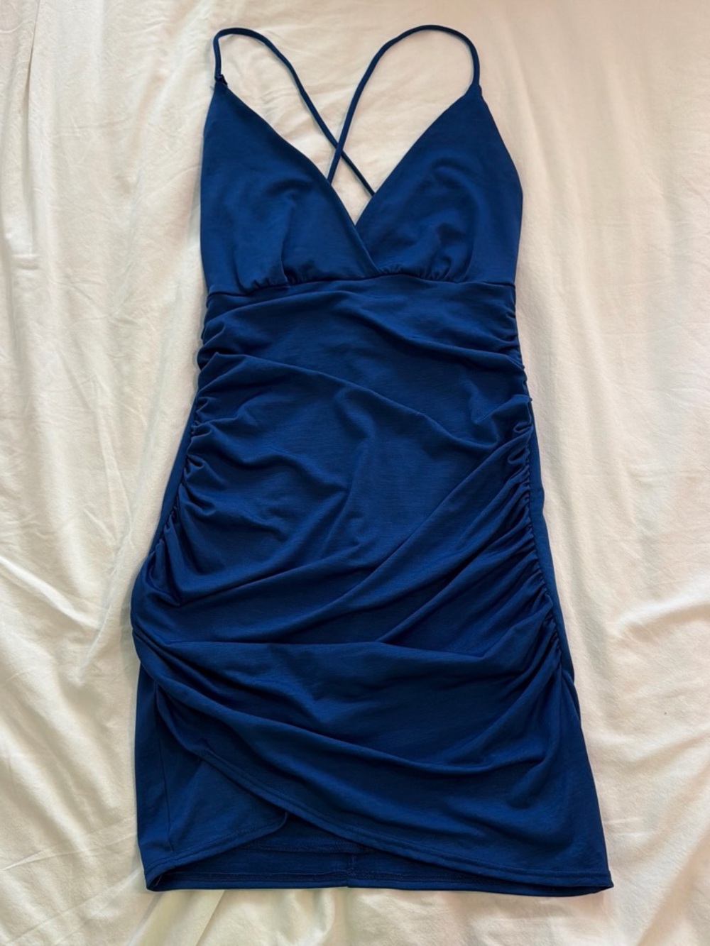 Lucy in the Sky Navy Blue Ruched V-Neck Mini Dress